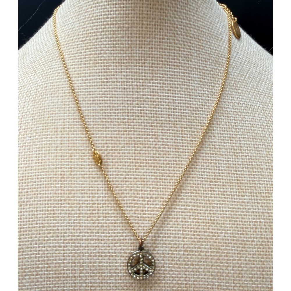 Juicy Couture Rhinestone Peace Sign Necklace Gold Tone Crown Logo Charm